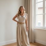 Pantalón fluido beige de tiro alto con pernera ancha, pinzas frontales y cinturón ancho a juego.