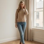 Jersey de punto color beige con manga larga y cuello redondo, decorado con pequeñas perlas distribuidas verticalmente en el frontal y las mangas.