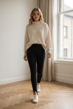 Legging verde oscuro de tiro alto, ajustado al cuerpo, con diseño liso y sin costuras visibles en la parte frontal.