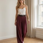 Pantalón ancho de vestir color burdeos de tiro alto con cinturón negro, combinado con top blanco y zapatillas blancas.