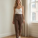 Pantalón de cintura alta color marrón con cinturón fino y pinzas frontales, de corte recto-tobillero, combinado con blusa blanca sin mangas y mocasines claros.