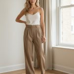 Pantalón de vestir de tiro alto y caída fluida en color camel, con pinzas frontales y pernera recta amplia, combinado con blusa negra de lunares.