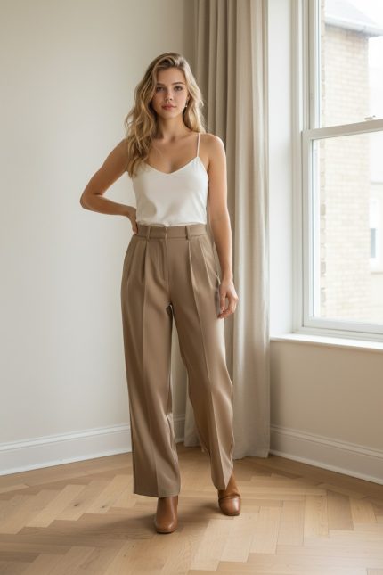 Pantalón de vestir de tiro alto y caída fluida en color camel, con pinzas frontales y pernera recta amplia, combinado con blusa negra de lunares.