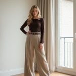 Mujer de pie junto a una ventana vistiendo pantalón palazzo beige de talle alto con cinturón, perneras amplias y largo completo, combinado con top marrón ajustado y zapatos de tacón claros.