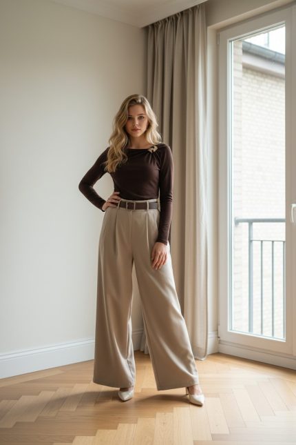 Mujer de pie junto a una ventana vistiendo pantalón palazzo beige de talle alto con cinturón, perneras amplias y largo completo, combinado con top marrón ajustado y zapatos de tacón claros.