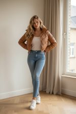 Chaqueta plumífera corta color camel, acolchada, con cuello alto y cierre frontal a presión, combinada con camiseta clara y vaqueros ajustados.