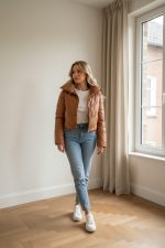 Chaqueta plumífera corta color camel, acolchada, con cuello alto y cierre frontal a presión, combinada con camiseta clara y vaqueros ajustados.