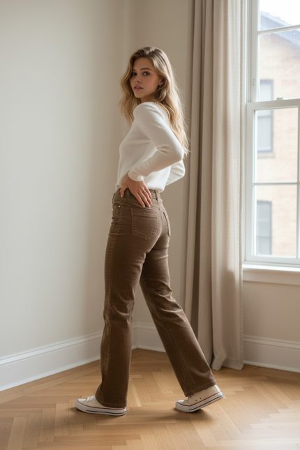 Pantalón vaquero recto de tiro medio-alto en color marrón lavado, con bolsillos delanteros de parche y corte largo, combinado con jersey claro y mocasines marrones.