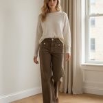 Pantalón vaquero recto de tiro medio-alto en color marrón lavado, con bolsillos delanteros de parche y corte largo, combinado con jersey claro y mocasines marrones.