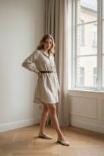 Mujer posando junto a una ventana con vestido camisero beige ceñido con cinturón negro y botines blancos.