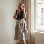 Vestido midi plisado color beige con cinturón negro y parte superior marrón de manga corta, combinado con zapatos planos claros.