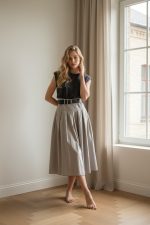 Vestido midi plisado color beige con cinturón negro y parte superior marrón de manga corta, combinado con zapatos planos claros.