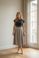 Vestido midi plisado color beige con cinturón negro y parte superior marrón de manga corta, combinado con zapatos planos claros.