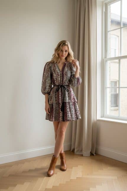Mujer joven caminando en interior luminoso junto a una ventana, con vestido corto estampado de mangas abullonadas y cinturón negro.