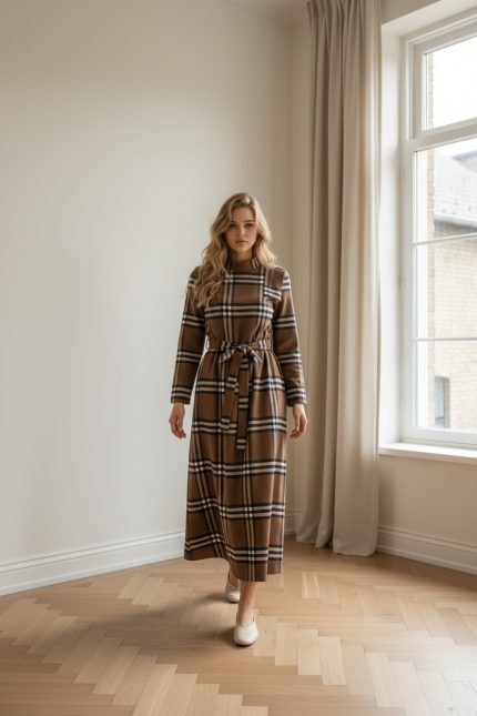 Vestido midi marrón de cuadros tipo tartán con cinturón del mismo tejido, manga larga y cuello redondo, combinado con botines marrones.