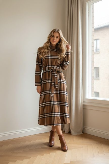 Vestido midi marrón de cuadros tipo tartán con cinturón del mismo tejido, manga larga y cuello redondo, combinado con botines marrones.