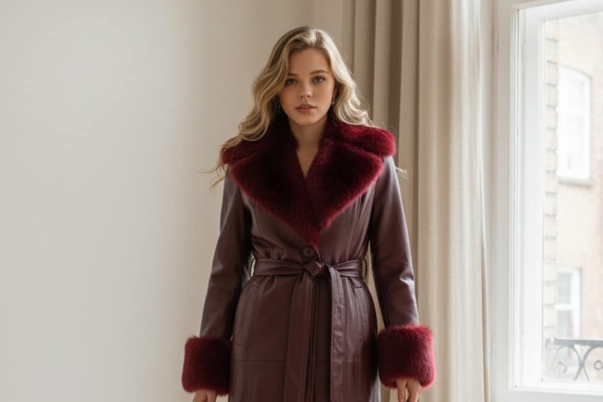 Imagen de una mujer con una de nuestras prendas estilosas de color rojo burdeos