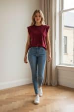 Mujer con camiseta básica verde oliva de cuello redondo y manga corta combinada con pantalón del mismo tono.