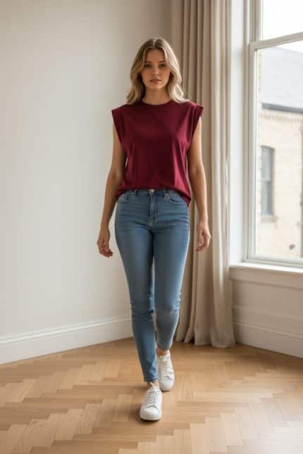 Mujer con camiseta básica verde oliva de cuello redondo y manga corta combinada con pantalón del mismo tono.